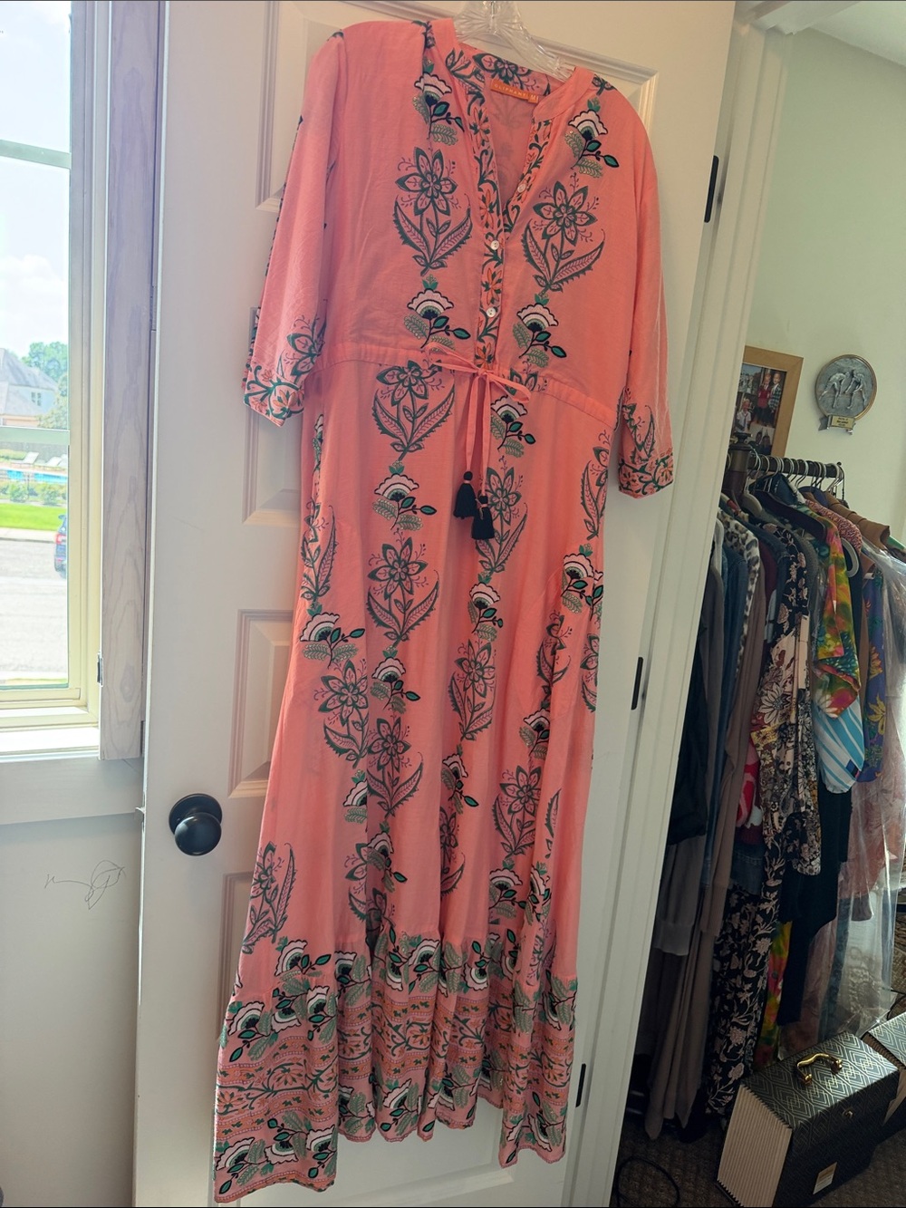 Oliphant Boho Floral Embroidered Maxi Udaipur Dress in Coral